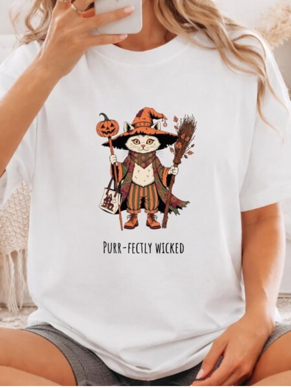 Gildan White Halloween Cat Witch Graphic Tee, Style Everyday Wear